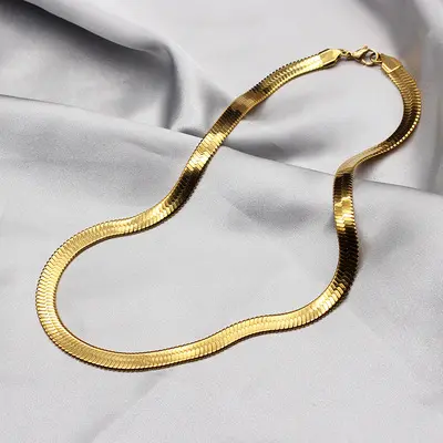 18k Gold Plated Flat Snake Link Chain With Lobster Clasp Stainless Steel Herringbone Snake Chain Necklace Jewelry Women Men 2022