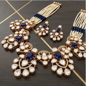Juego de Collar y Aretes de Plata 925 con Piedras Azules y Perlas Blancas Kundan para Mujer, Joyería Nupcial India Tradicional - Product Image 5