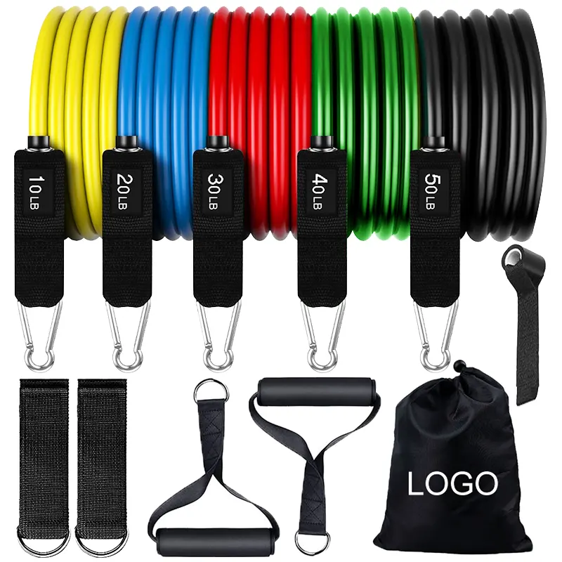 Factory Custom Gym Workout Home Body Building Fitness Elastic Exercise 11 Piece Resistance Band Tube Set