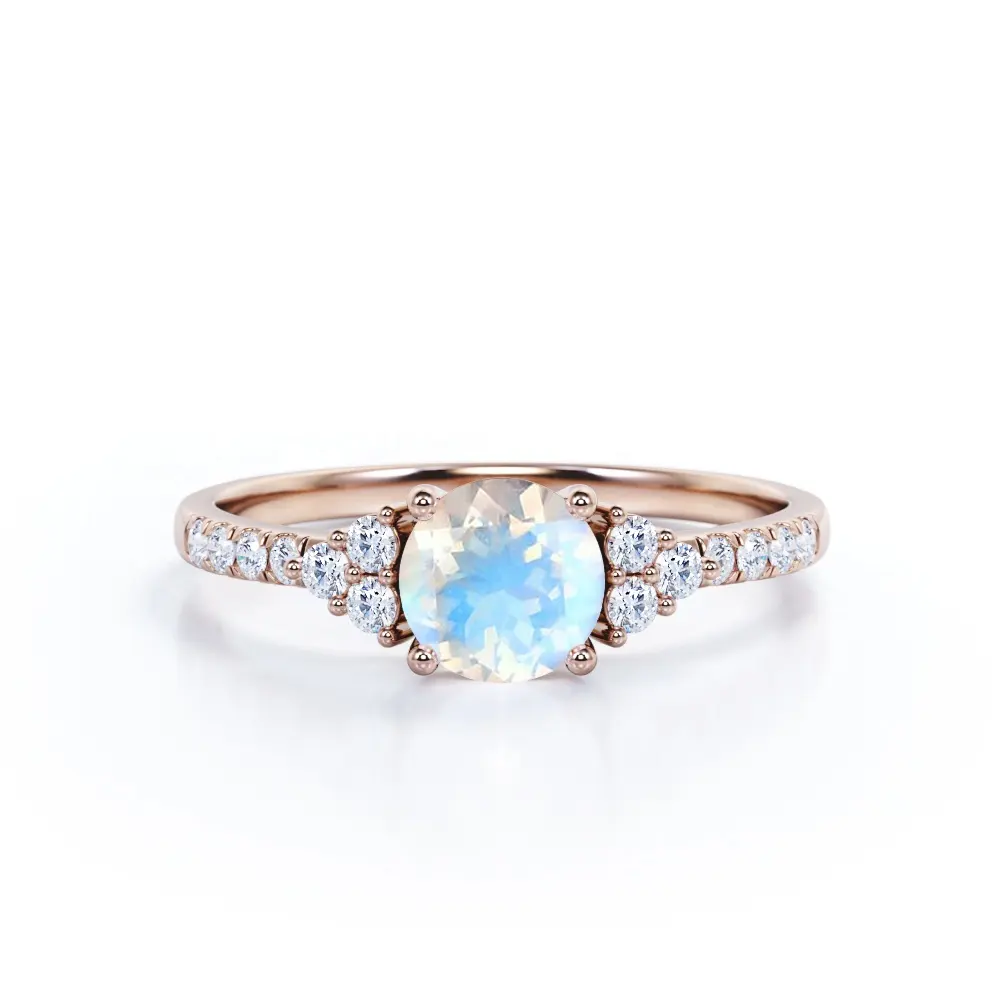 Simple Design Premium Round Cut Moonstone 925 Sterling Silver Rose Gold Plated Engagement Ring