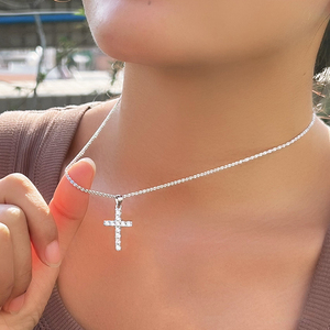 Nuovi Arrivi <span class=keywords><strong>Collana</strong></span> Brillante con Ciondolo a Croce in Argento Sterling S925 con Zirconi Cubici Scintillanti Catena a Clavicola e Doppia Catena - Product Image 1