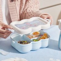 Boîte à bento en forme de nuage mignon, PP, 3 compartiments avec fourchette et cuillère, fermeture à clip, fenêtre transparente, boîte à lunch pour enfants pour la rentrée scolaire