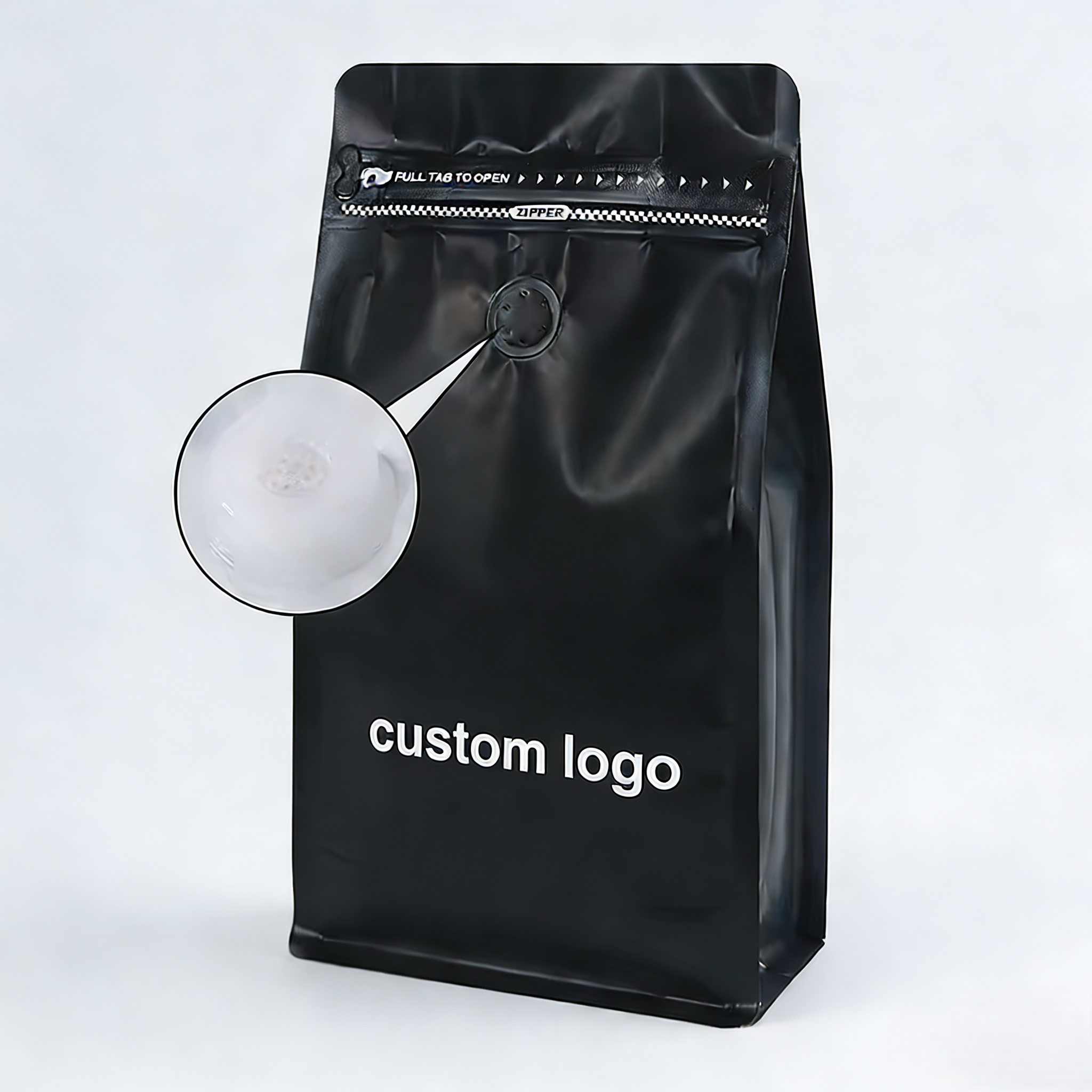 Custom Design Eco Friendly Recyclable Coffee Beans Packaging One Way Valve Custom Printed Matt Black Coffee Bag Pet Food Jelly