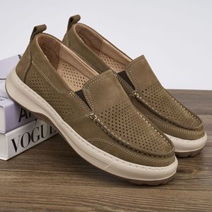 Chaussures bateau en cuir à enfiler, bout rond, semelle intermédiaire respirante en EVA, semelle extérieure en caoutchouc, chaussures décontractées d'été pour hommes - Product Image 2