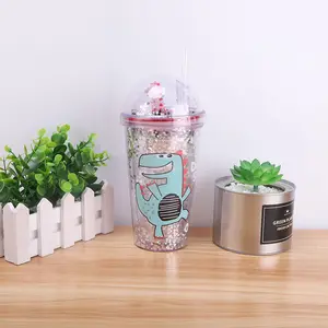 450ml Summer Straw Ice Glasses Dinosaur Water Men Plastic Cup Double Cute Student Drink Cup Drink Leak Proof Bottle with Straw