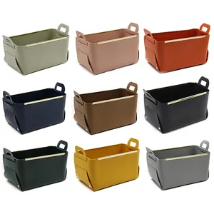 Minimalist Leather Gold Edge Desk Organizer Foldable PU Leather Storage Basket Luxury Home Storage Container Box