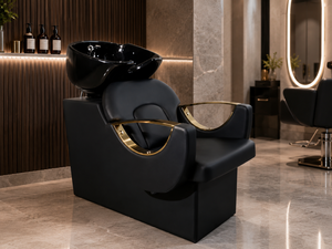 Juego de Muebles de Salón Modernos en Negro y Dorado con Lavabo de Cerámica, Silla de Estilismo Ajustable Ecológica y Equipo de Salón de Belleza - Product Image 1