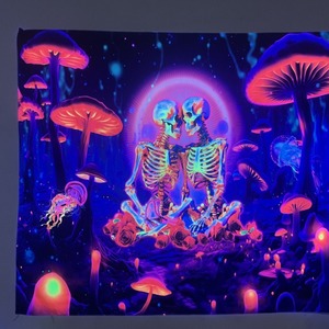 Tapisserie murale <span class=keywords><strong>psychédélique</strong></span> écologique réactive aux <span class=keywords><strong>UV</strong></span>, style hippie bohème gypsy, motif champignon, luminescente sous lumière noire - Product Image 6