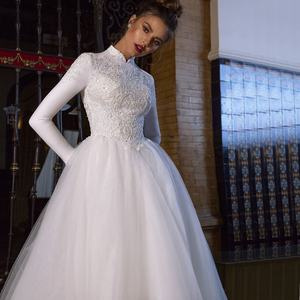 <span class=keywords><strong>Abito</strong></span> da Sposa Arabo Musulmano Bianco a Maniche Lunghe con Collo Alto Stile A-Line - Product Image 3