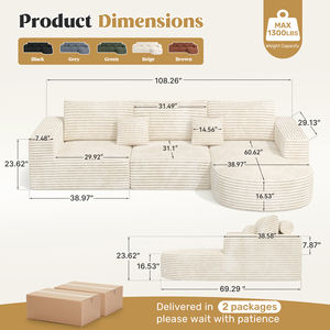 Ensemble de canapé modulaire convertible sans armature, rembourrage en éponge, en forme de L, avec chaise longue, lit, ottoman, design moderne, massage, école - Product Image 5