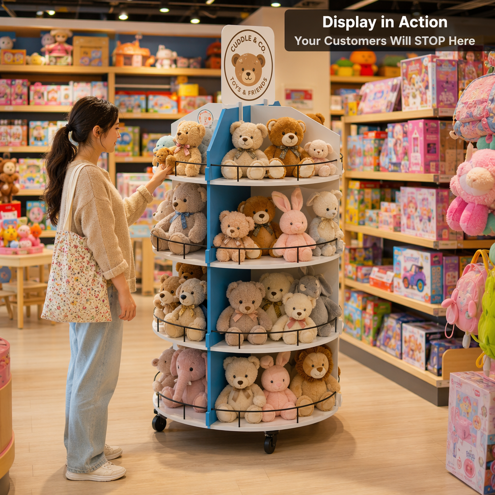 Modern Wood for Rotating 4-Quadrant Toy Display Stand 4-Tier Floor Rack Custom Header for Kids Store Gift Shop for Plush Toy — view 2