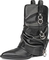 Bottines Western noires décontractées à bout pointu et talon épais avec boucle à anneau métallique pour femme