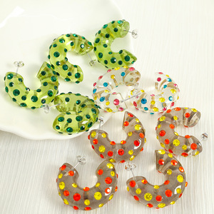 Pendientes de Resina en Forma de C con Pedrería, Diseño Geométrico Colorido, Joyería de Moda para el Día a Día para Mujer - Product Image 2