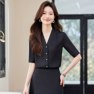 Women's Black V-Neck Shirt With Buttons Solid Color Polyester Poplin Office Wear - Product Image 1