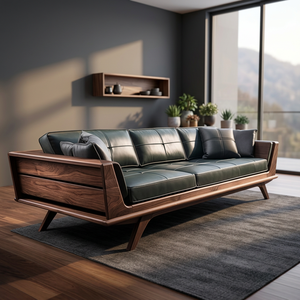 Contemporary Solid Teak Wood Sectional Sofa Set Luxury Scandinavian Minimalist Living Room Furniture Black Leather Cushion - Product Image 3