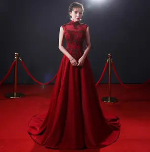 ZX-634 2023夏季新款设计修身红色宴会晚礼服立领中式新娘长晚礼服