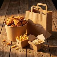 Kit d'emballage personnalisé pour la restauration rapide en kraft blanc |   Seau à poulet frit coordonné, petites boîtes à frites et sacs de transport multi-usages pour plats à emporter