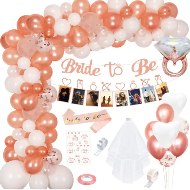 Bride to Be photo booth banners rose gold balloons garland sash White veil stickers for Bachelorette bridal shower party decor