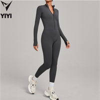 Jumpsuit Yoga Wanita Pengontrol Perut Setengah Resleting Berbahan Fleece Termal Lengan Panjang Ketat Model Bodysuit untuk Lari dengan Logo Kustom OEM