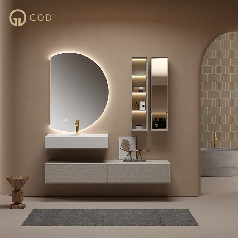 GODI 도매 럭셔리 유럽 스타일 가구 간단한 디자인 벽 마운트 나무 패널 욕실 세면대 캐비닛 거울
