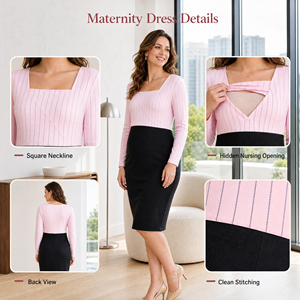 Abito <span class=keywords><strong>Premaman</strong></span> e Allattamento a Righe Taglie Forti, Manica Lunga, Scollo Quadrato, Patchwork, Vestito a Tubino per Allattamento - Product Image 3