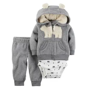 定制儿童婴儿冬季可爱灰熊风格保暖服装羊毛运动服连体衣婴儿连帽衫套装