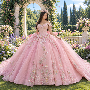Robe de bal formelle Quinceanera rose bonbon de rêve, longue jusqu'au sol, en organza, avec appliques en dentelle et broderies de perles et cristaux - Product Image 1