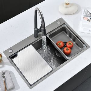 Évier de cuisine à montage encastré sous plan, grande cuve unique, en acier inoxydable SUS304 épaissi de 5 mm, motif météorite - Product Image 1