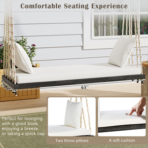 Patio <b>Wooden</b> Swing Chair Hanging Porch <b>Bench</b> With Cushion And Pillows 10.8Ft Hemp Ropes For Garden Backyard - Product Image 4