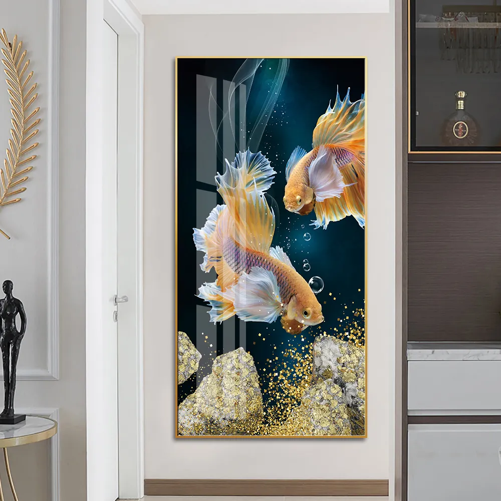 لوحة قماشية مرسومة بصور كوي الفاخرة بصور سمك ذهبي على الطراز الإسكندنافي