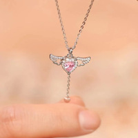Collier pendentif en argent sterling 925 avec ailes d'ange en cristal et cœur rose Cupidon pour femme, vente en gros