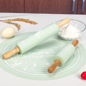 实木擀面杖带硅胶面杖厨房DIY揉面垫套装儿童烘焙工具糕点板 - Product Image 1