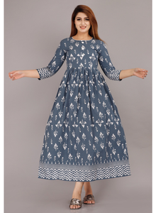 Women Grey Cotton Printed Anarkali <b>Kurti</b> Round Neck Three-Quarter Sleeve Flared Ethnic Casual Wear <b>Kurti</b> - Product Image 6