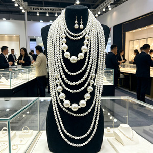 Exaggerated imitatie parel ketting en oorsteker set, meerlaags <span class=keywords><strong>U</strong></span>-vormig geometrisch ABS ijzeren feestsieraden voor vrouwen - Product Image 4