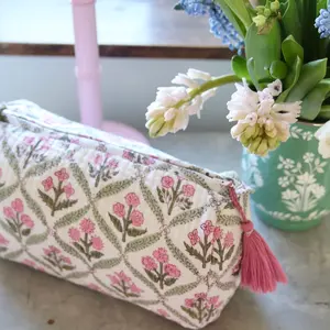 Handmade designer cotton zipper makeup bags with pink tassel puller