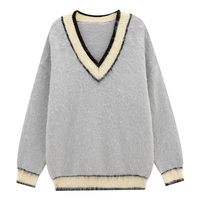 Femmes à la mode Varsity rayé col en V pull collège décontracté à manches longues pull tricoté pull haut ample Preppy floue armure