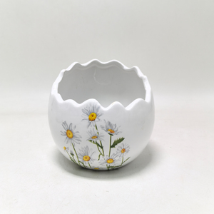 Tarro de vela de maceta de cerámica en forma de huevo de Pascua irregular con decoración de calcomanía de flor de Margarita - Product Image 1