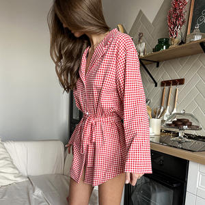 Chemise de nuit rétro à carreaux avec ceinture, vêtement de nuit ajusté à manches longues, robe de nuit style western, tenue d'intérieur vintage à carreaux, chemise de nuit ajustée pour femme - Product Image 3