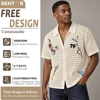 Cardigan fin en tricot crocheté à manches courtes pour homme, broderie florale et oiseaux ajourée, col rabattu beige, décontracté, été, style resort, OEM ODM