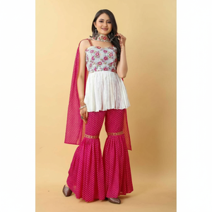 DESIGNER GEORGETTE BRODERIE SÉQUENCE TRAVAIL TOP SHARARA AVEC DUPATTA ROSE - Product Image 1