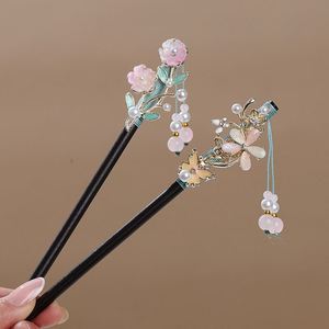Épingle à cheveux vintage en bois pour femme, style chinois, fleur enroulée, pince à cheveux élégante classique avec pompon, imitation ébène, 16 cm - Product Image 4