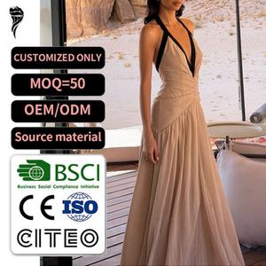 Vestido Maxi Premium Personalizado al por Mayor para Mujer, con Escote en V Profundo, Plisado, Sin Espalda, Suave, Sexy, Sin Mangas, con Volantes, para Fiesta de Noche, Estilo Patchwork - Product Image 1