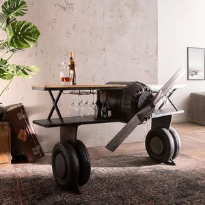 Chariot de bar inspiré des hélicoptères industriels, en métal et bois, avec rangement pour bouteilles de vin et porte-verres, pour la décoration intérieure - Product Image 1