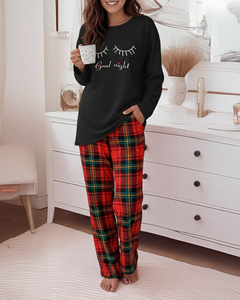 Pigiama da donna <span class=keywords><strong>a</strong></span> quadri con stampa 'Good Night', top <span class=keywords><strong>a</strong></span> maniche lunghe e pantaloni <span class=keywords><strong>a</strong></span> gamba larga, abbigliamento casual da <span class=keywords><strong>notte</strong></span> in morbido poliestere ed elastan, all'ingrosso - Product Image 5