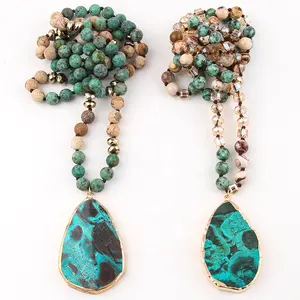 Mode Boho Bijoux Femmes Bohême 8mm Amazonite Cristal Verre Naturel Africain Turquoise Pierre Pendentif Collier