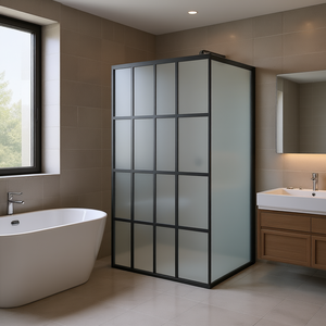 Paroi de douche en verre trempé givré 35,4x76,8 pouces avec cadre noir et porte à charnière, design minimaliste - Product Image 2