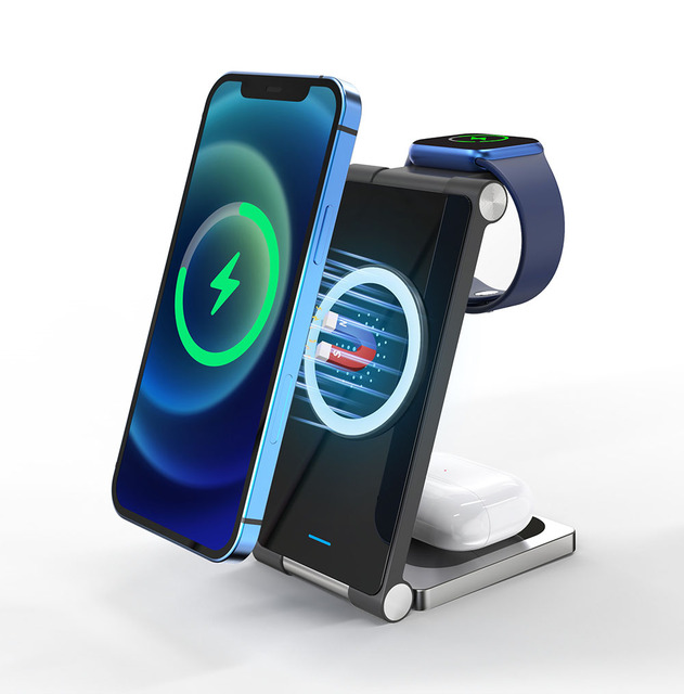 3-in-1 Foldable Zinc-Alloy Base Magnetic Wireless Charging Stand for IPhone Airpods IWatch