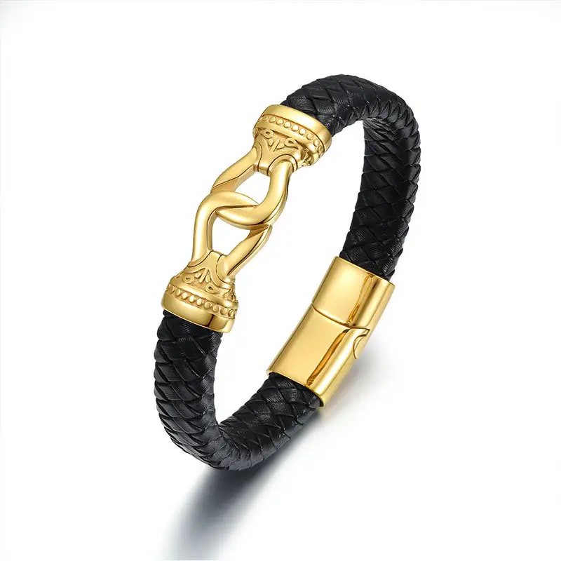 Gelang kulit PU pria, Stainless Steel 18k berlapis emas gesper Magnet gesper sabuk gelang kepang