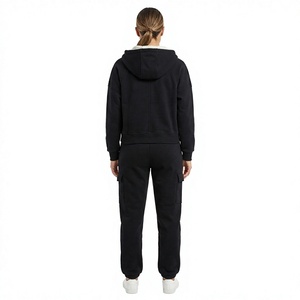 <b>Women</b> Eco-Friendly Solid Black <b>Sherpa</b> Lined Zip up Hoodie Fleece <b>Jacket</b> with Front Logo and Side Pockets Winter - Product Image 2
