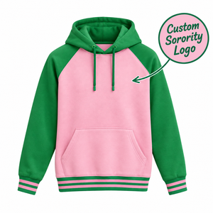 Sorority <b>Pink</b> Green Raglan Sleeve Hooded Fleece <b>Sweatshirt</b> Color Blocking Casual Regular Fit Autumn Wear - Product Image 2